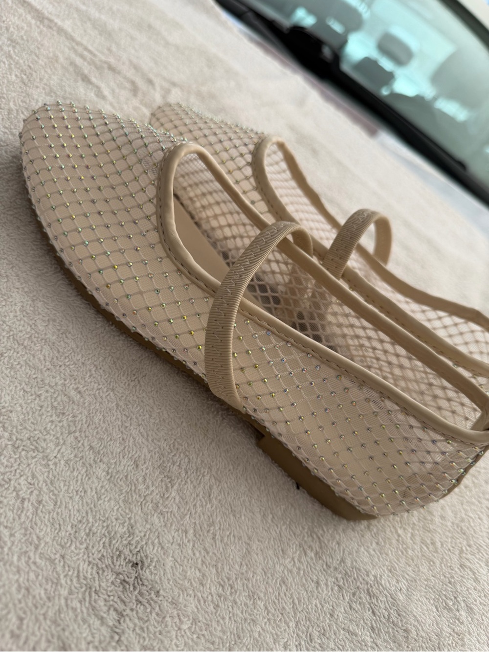 bebe Beige Mesh Strap Ballet Flats with Sparkle